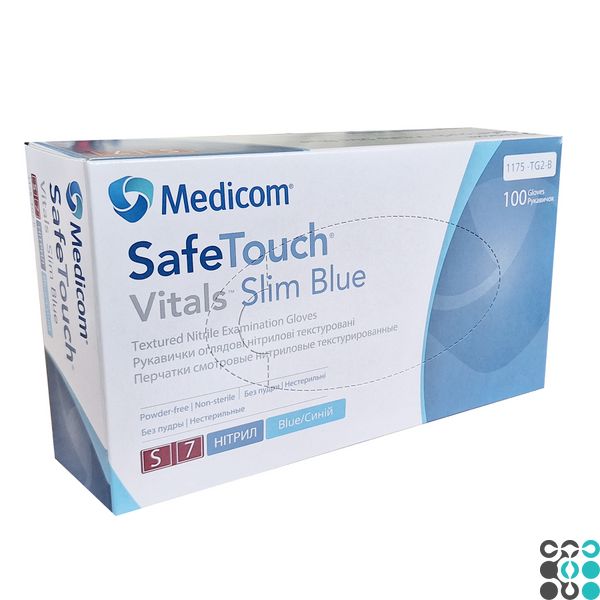 Нітрилові рукавички SafeTouch® Vitals™ Slim Blue неопудрені S - Medicom 1175-TG2-B фото