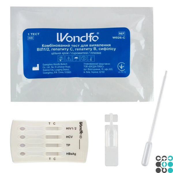 Комбінований тест на 4 інфекції: ВІЛ1/2 (HIV), гепатиту С (HCV), гепатиту В (HBsAg), сифілісу (ТР) WONDFO W026-C фото